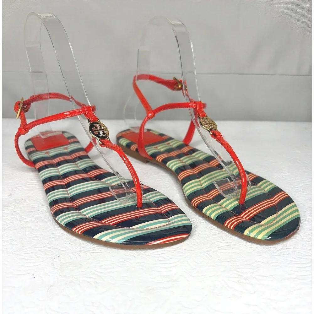 Tory Burch Emmy Habanero Pepper Striped Patent Leather Flat Thong Sandals Size 8